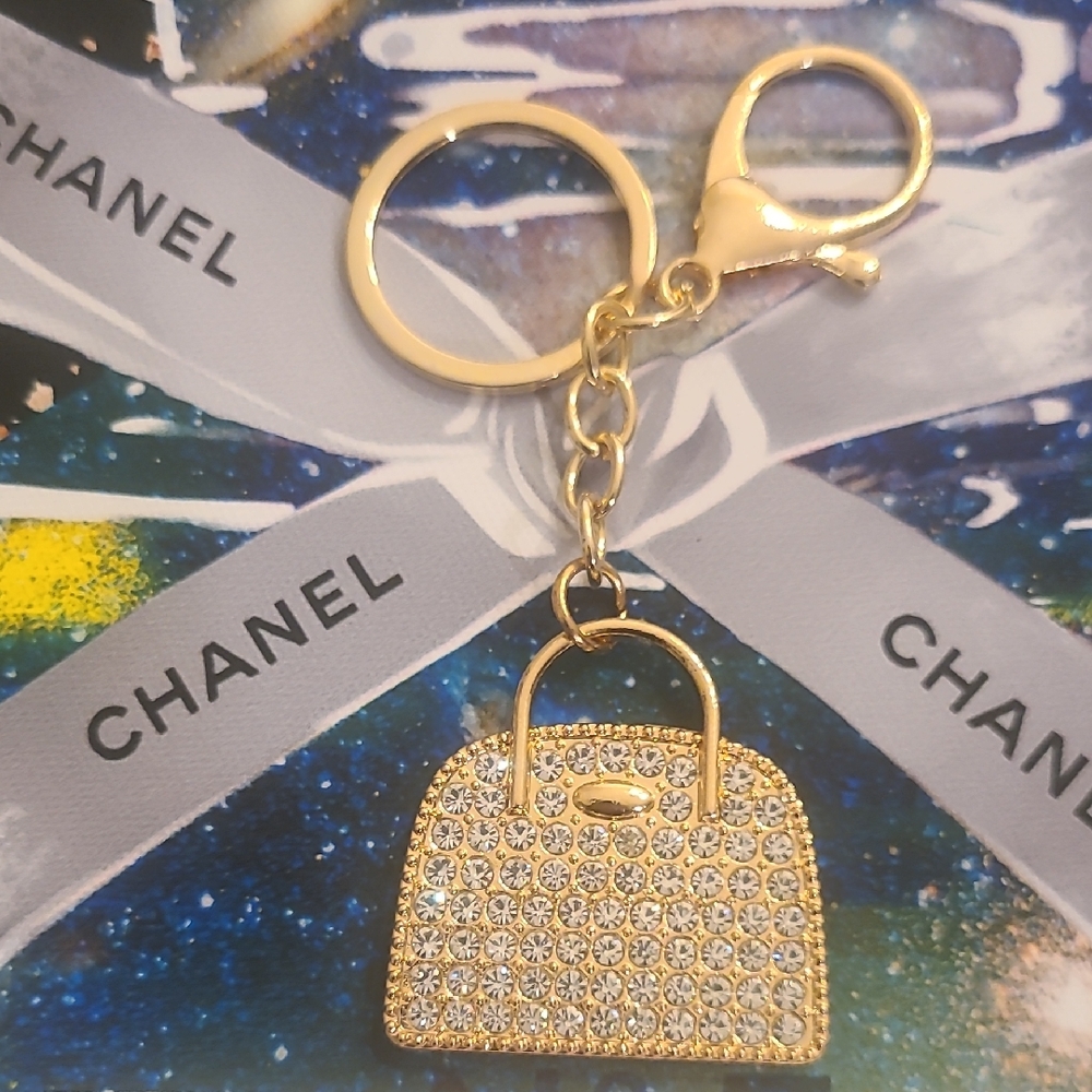 LP CRYSTAL COLLECTION Gold Tone Bag Charm Keychain